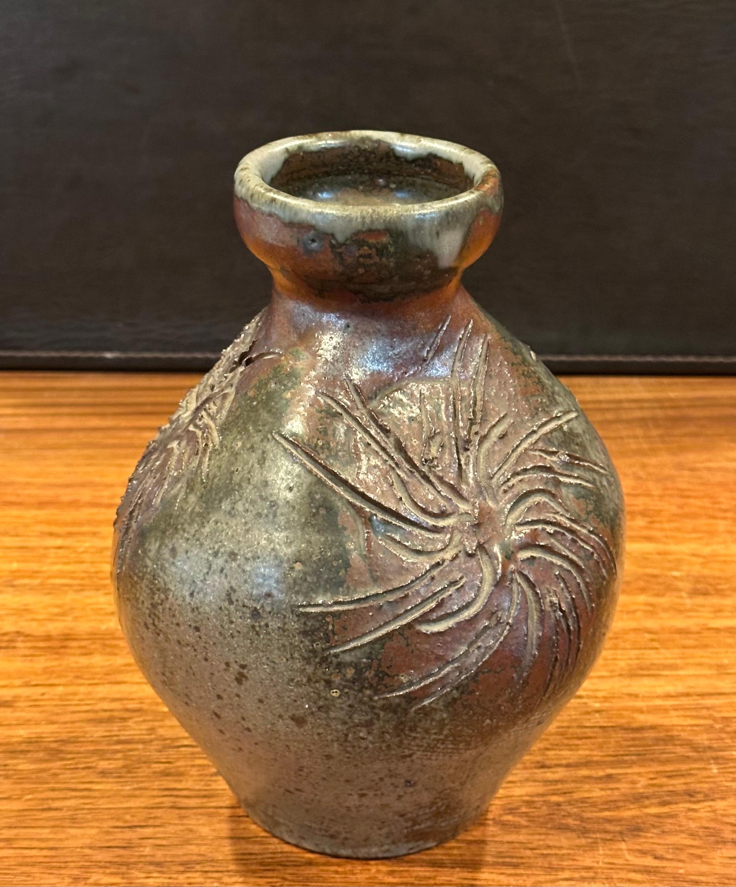 MCM Signed California Studio Pottery Stoneware Vase with Sunbursts For Sale 1
