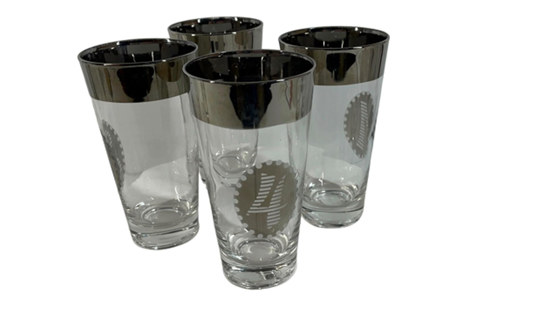 Mid-Century Modern MCM Silver Decorated Highball Glasses Numbered 1 to 8 and Marked Metalyte For Sale