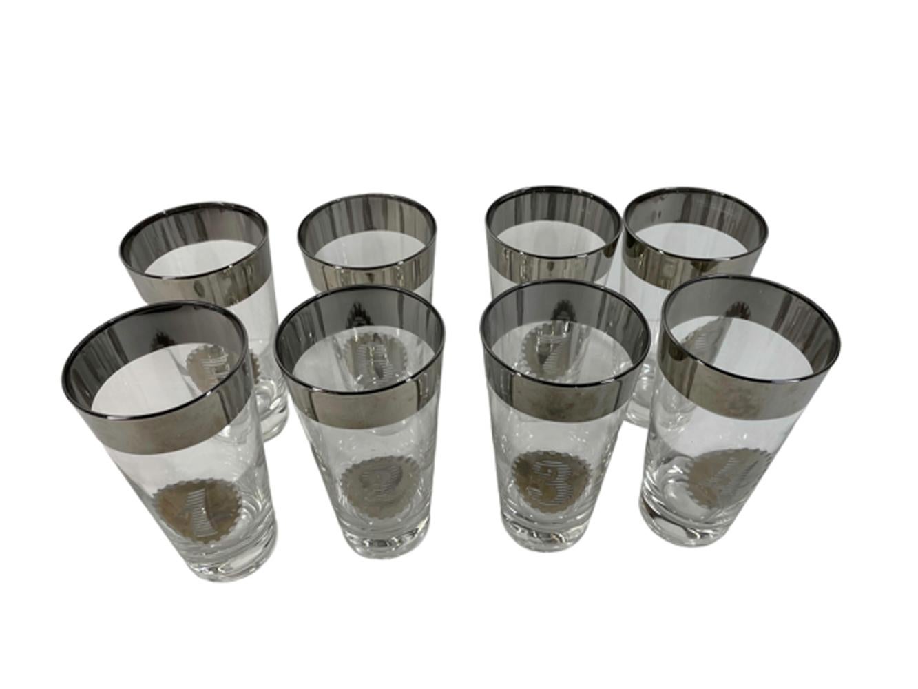 American MCM Silver Decorated Highball Glasses Numbered 1 to 8 and Marked Metalyte For Sale