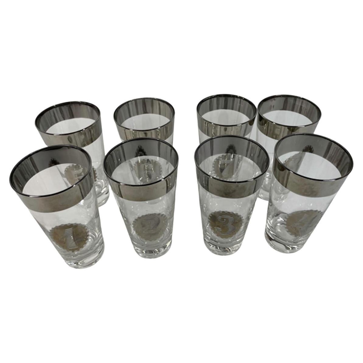 MCM Silver Decorated Highball Glasses Numbered 1 to 8 and Marked Metalyte For Sale