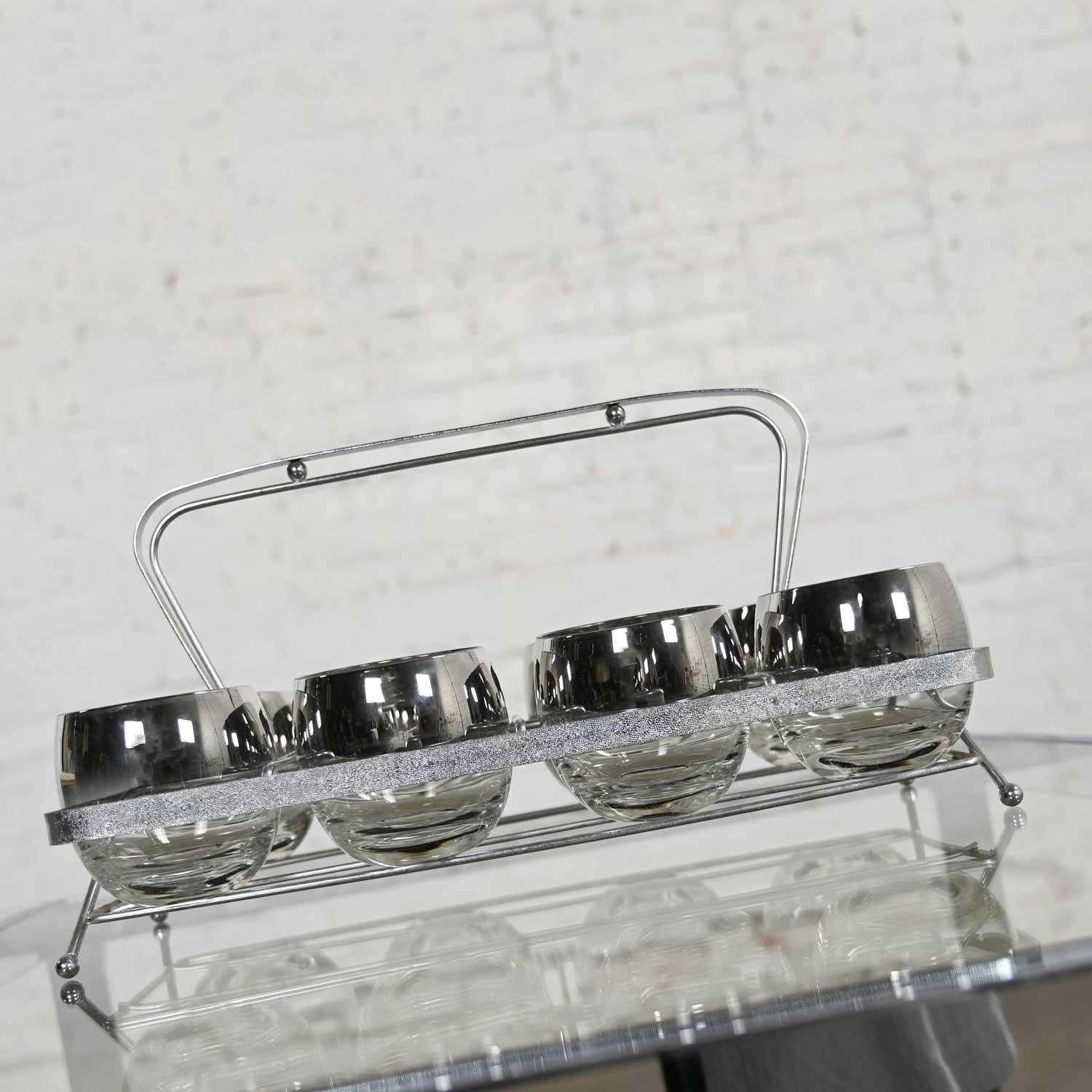 Mid-Century Modern MCM Silver Fade Roly Poly Cocktail Glasses Set of 8 Chrome Carrier Style Thorpe For Sale
