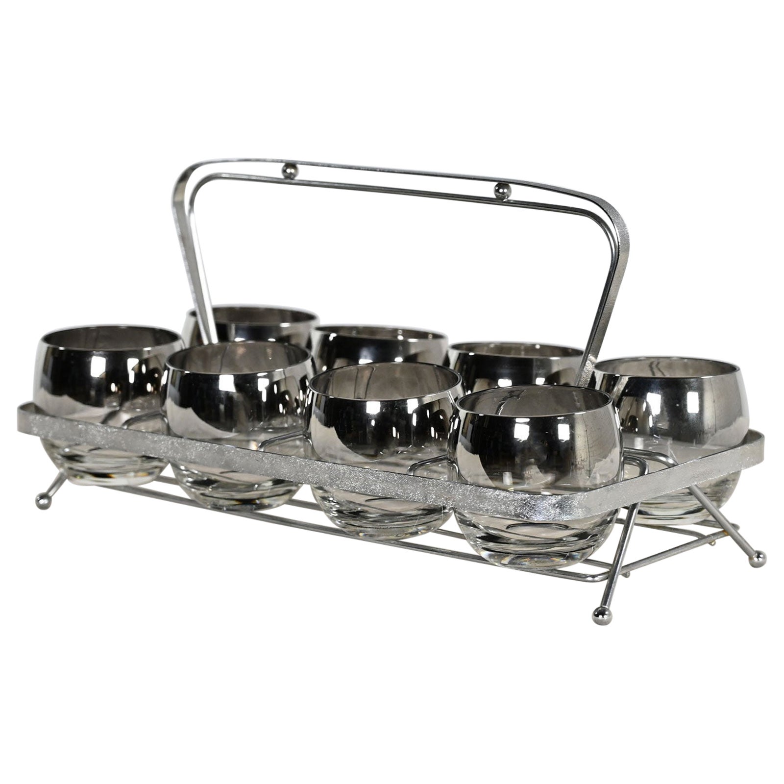 MCM Silver Fade Roly Poly Cocktail Glasses Set of 8 Chrome Carrier Style Thorpe