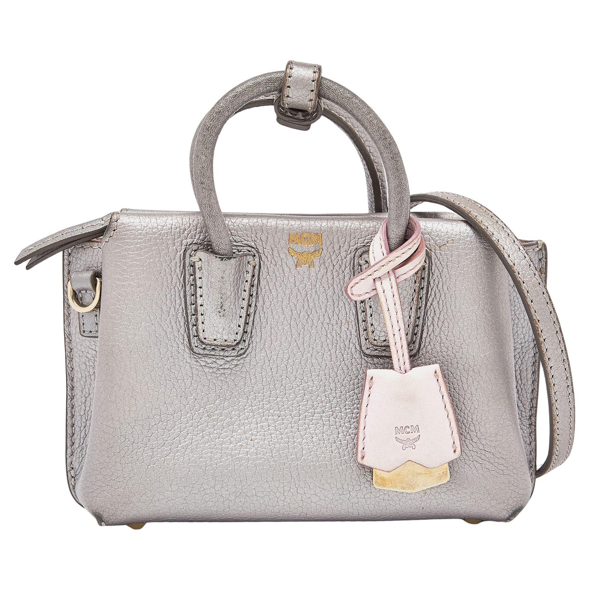 MCM Silver Leather Mini Milla Tote For Sale