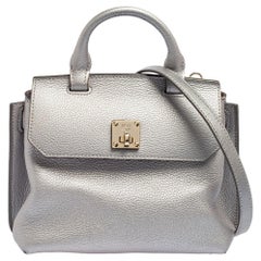 MCM Silver Leather Small Milla Top Handle Bag
