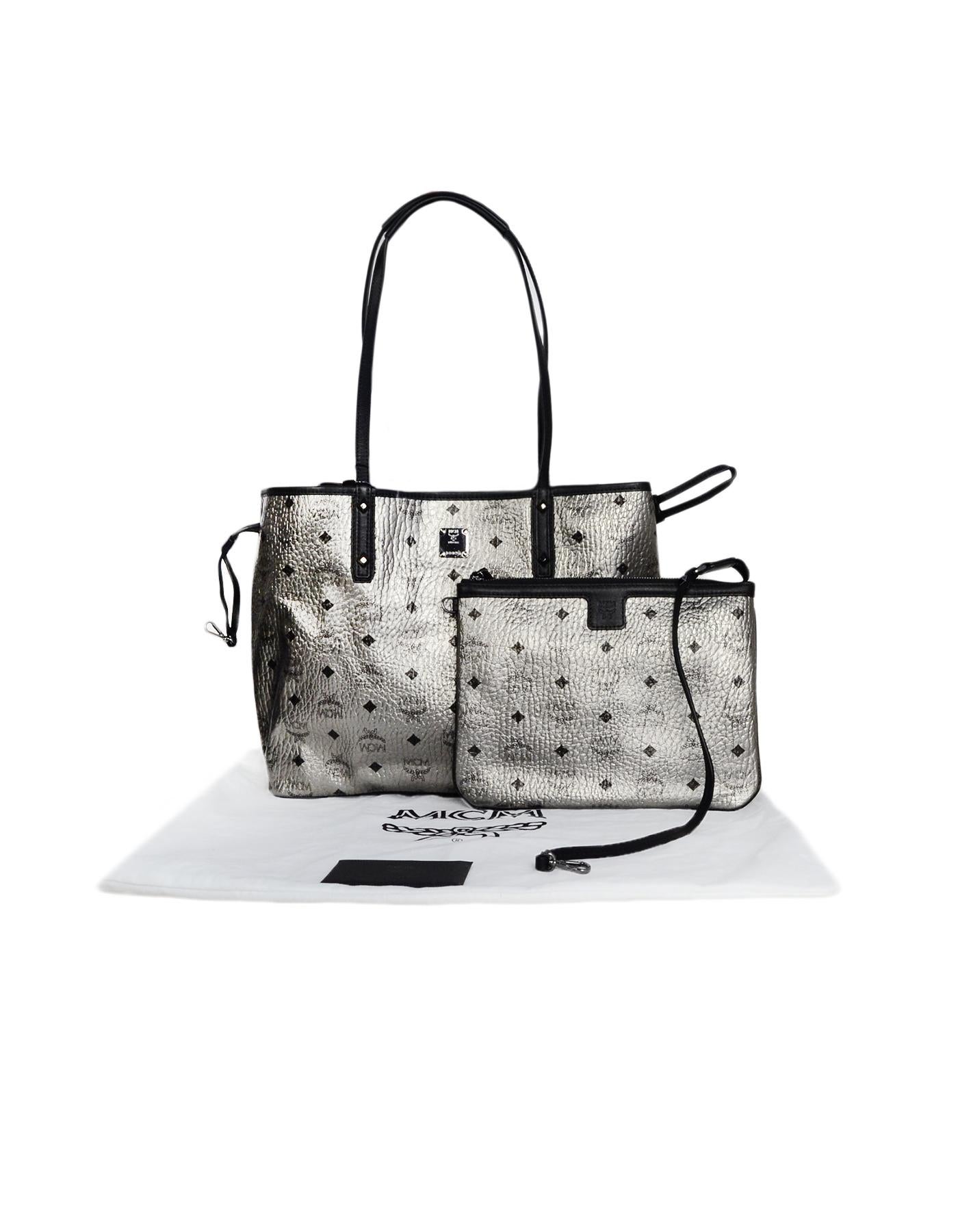 MCM Silver Monogram Coated Canvas Visetos Medium Reversible Shopper Tote Bag 2