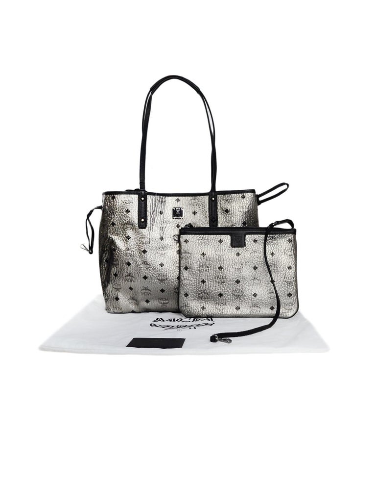 MCM Silver Monogram Coated Canvas Visetos Medium Reversible Shopper