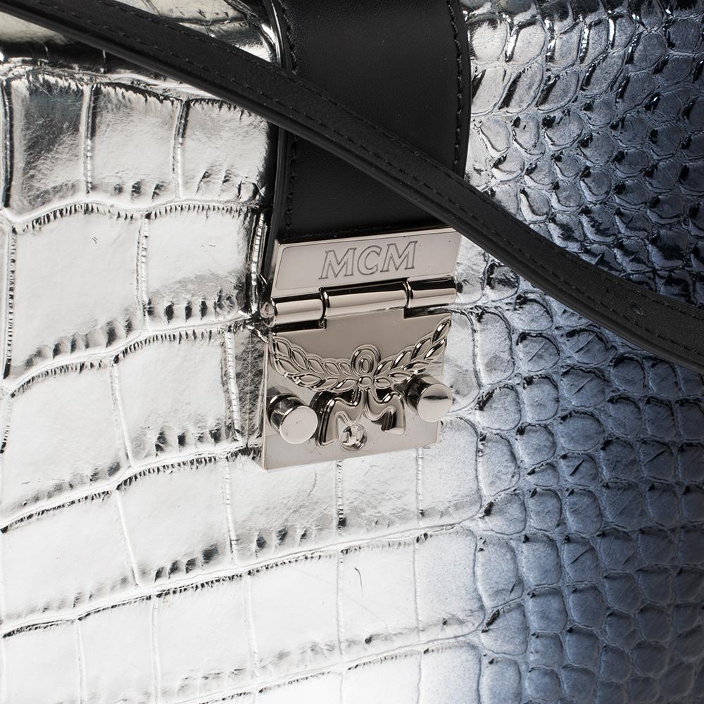 Black MCM Silver Ombre Croc Embossed Patent and Leather Mitte Degrade Shoulder Bag