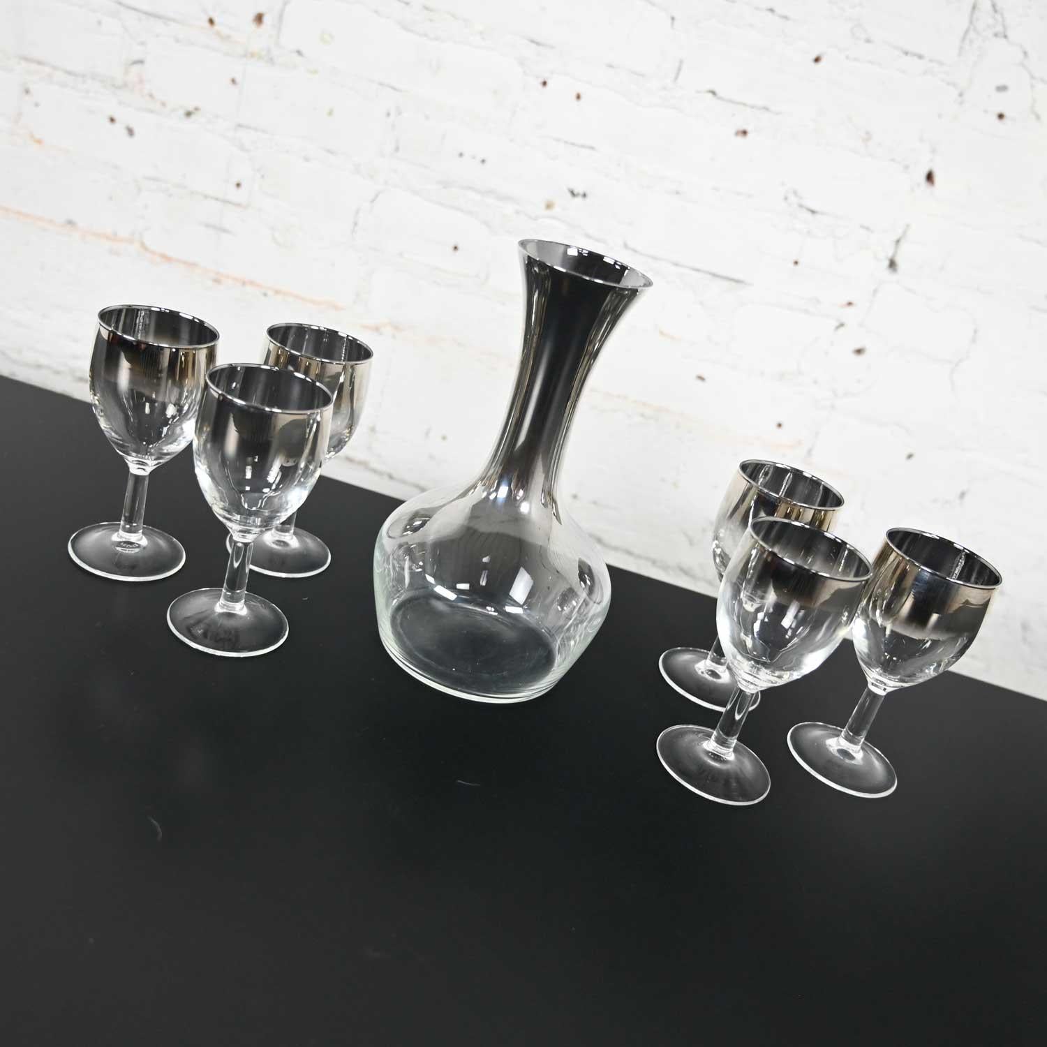20th Century MCM Silver Rimmed Ombre French Carafe Decanter & 6 Stems Style Dorothy Thorpe