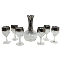 MCM Silver Rimmed Ombre French Carafe Decanter & 6 Stems Style Dorothy Thorpe
