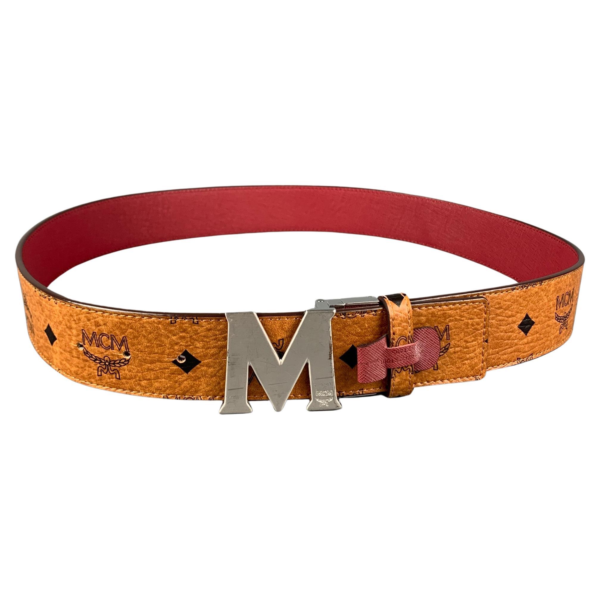 MCM Size L Tan Black Burgundy Monogram Leather Reversible Belt