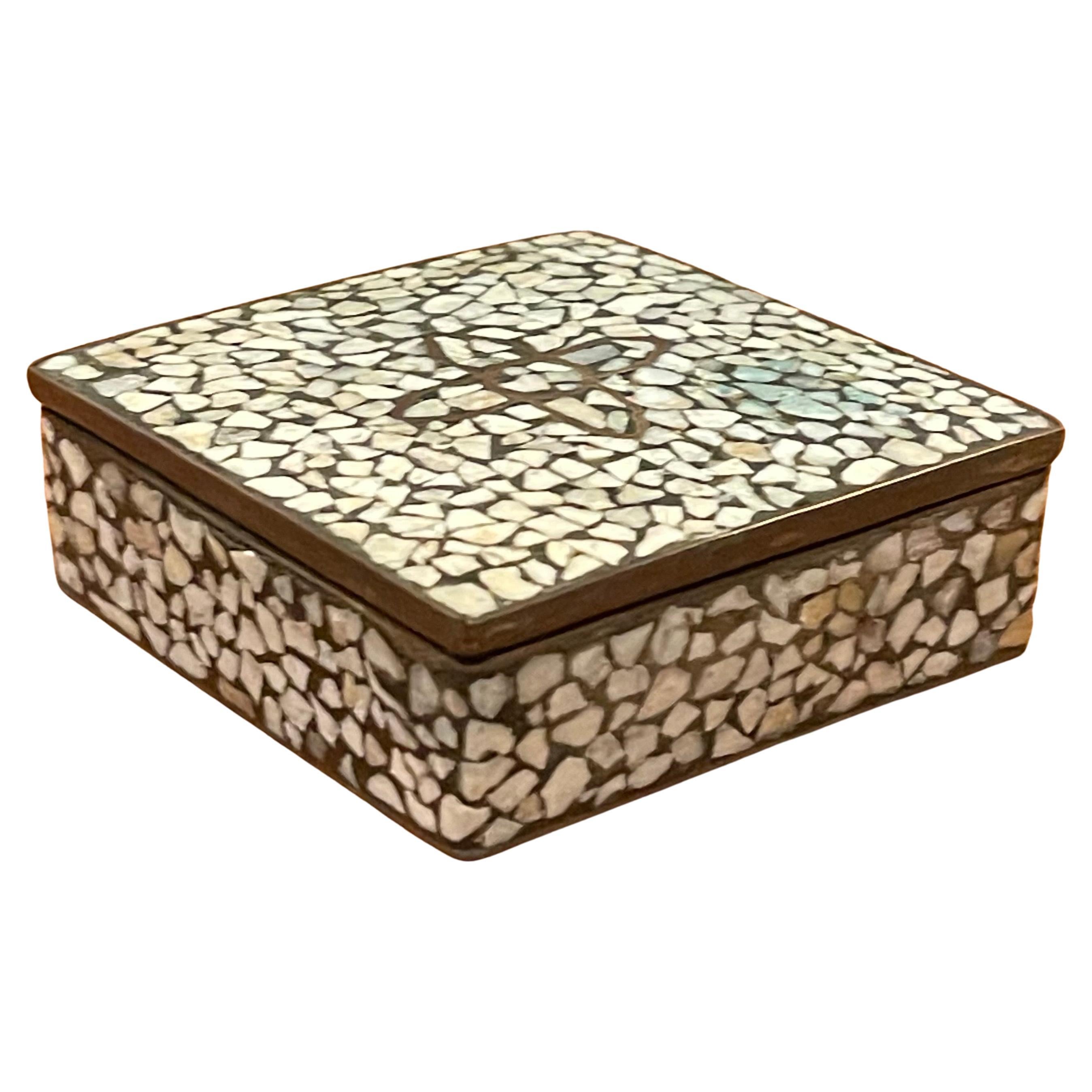 Beautiful MCM small brass mosaic lidded box in the style of Los Castillo, circa 1960s. This decorative trinket box is in good vintage condition with a great patina and measures 3.125