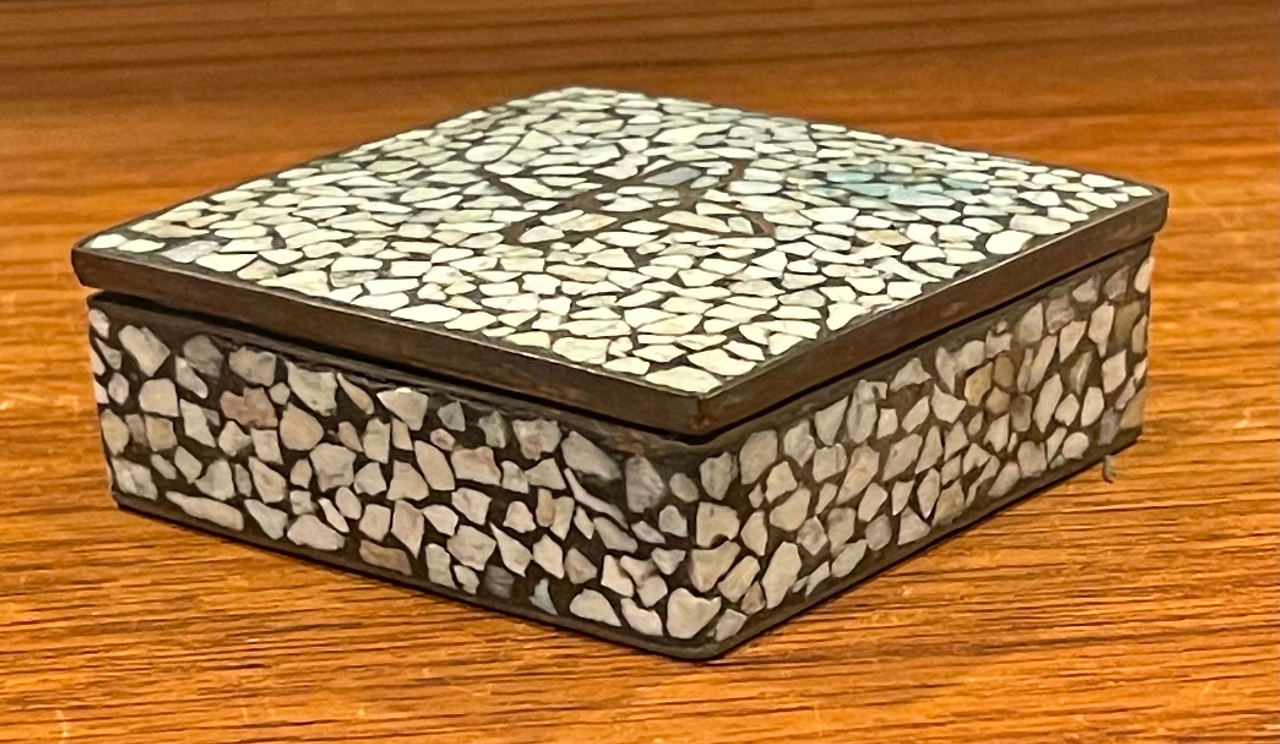 Mid-Century Modern MCM Small Brass Mosaic Lidded Box in the Style of Los Castillo