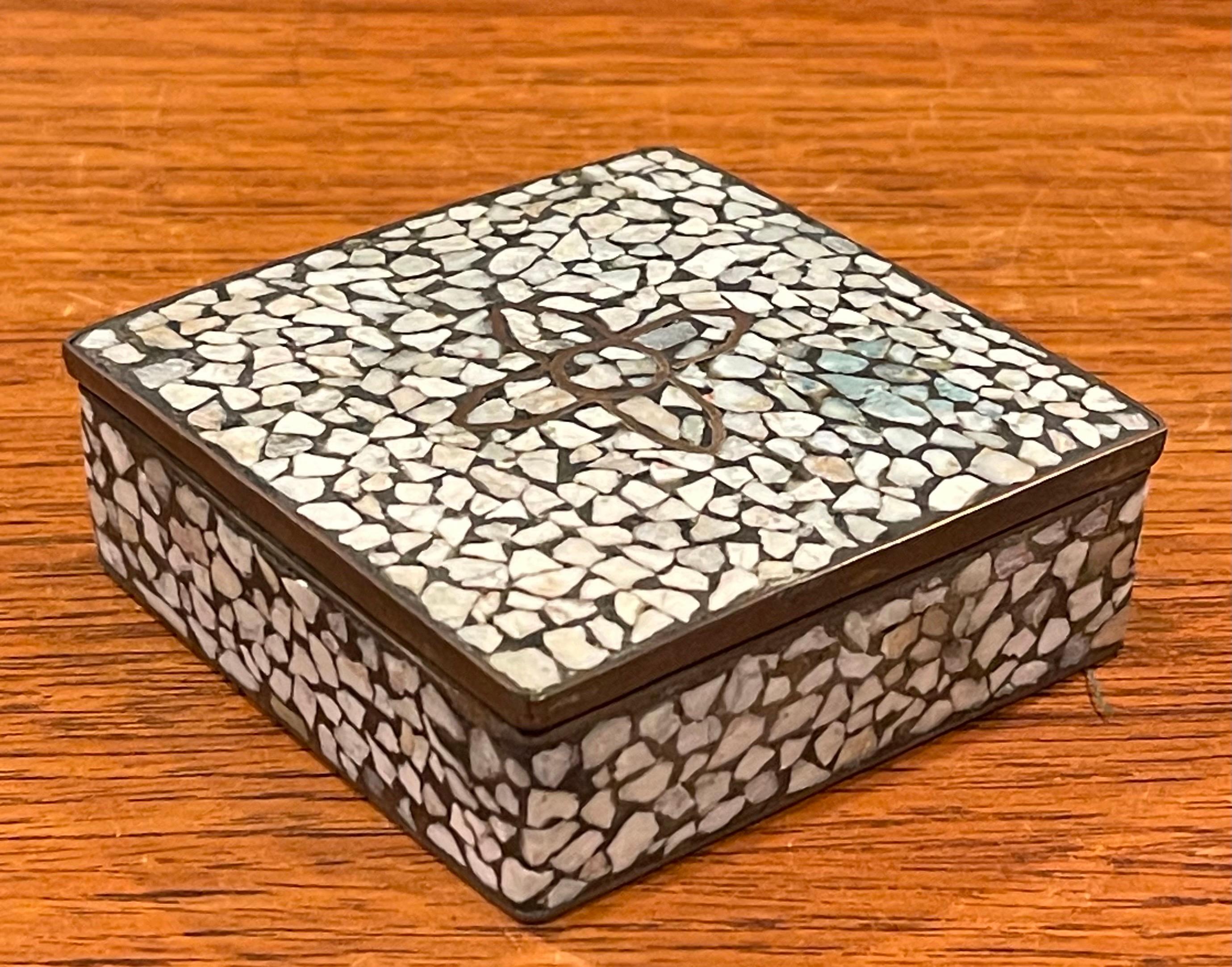 Mexican MCM Small Brass Mosaic Lidded Box in the Style of Los Castillo For Sale