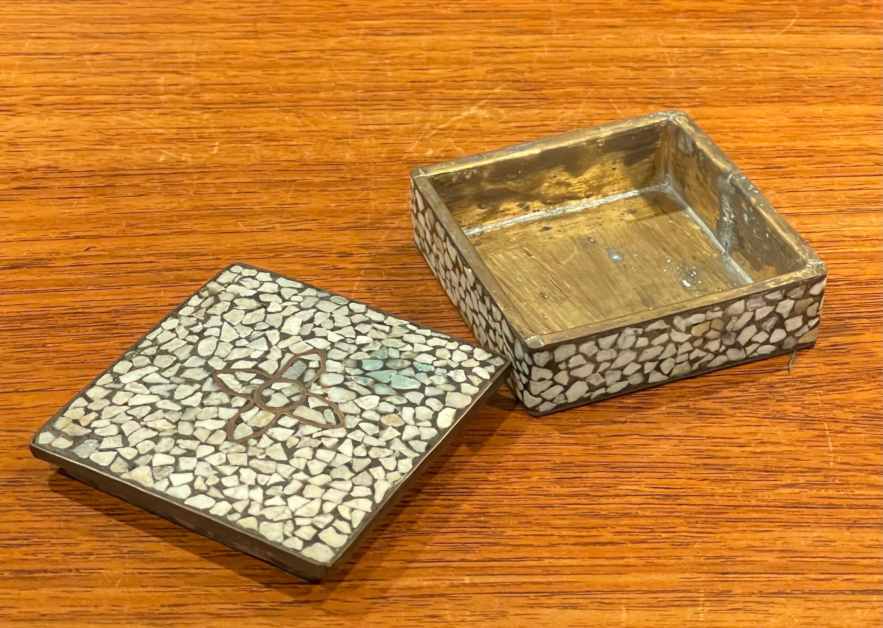 20th Century MCM Small Brass Mosaic Lidded Box in the Style of Los Castillo For Sale
