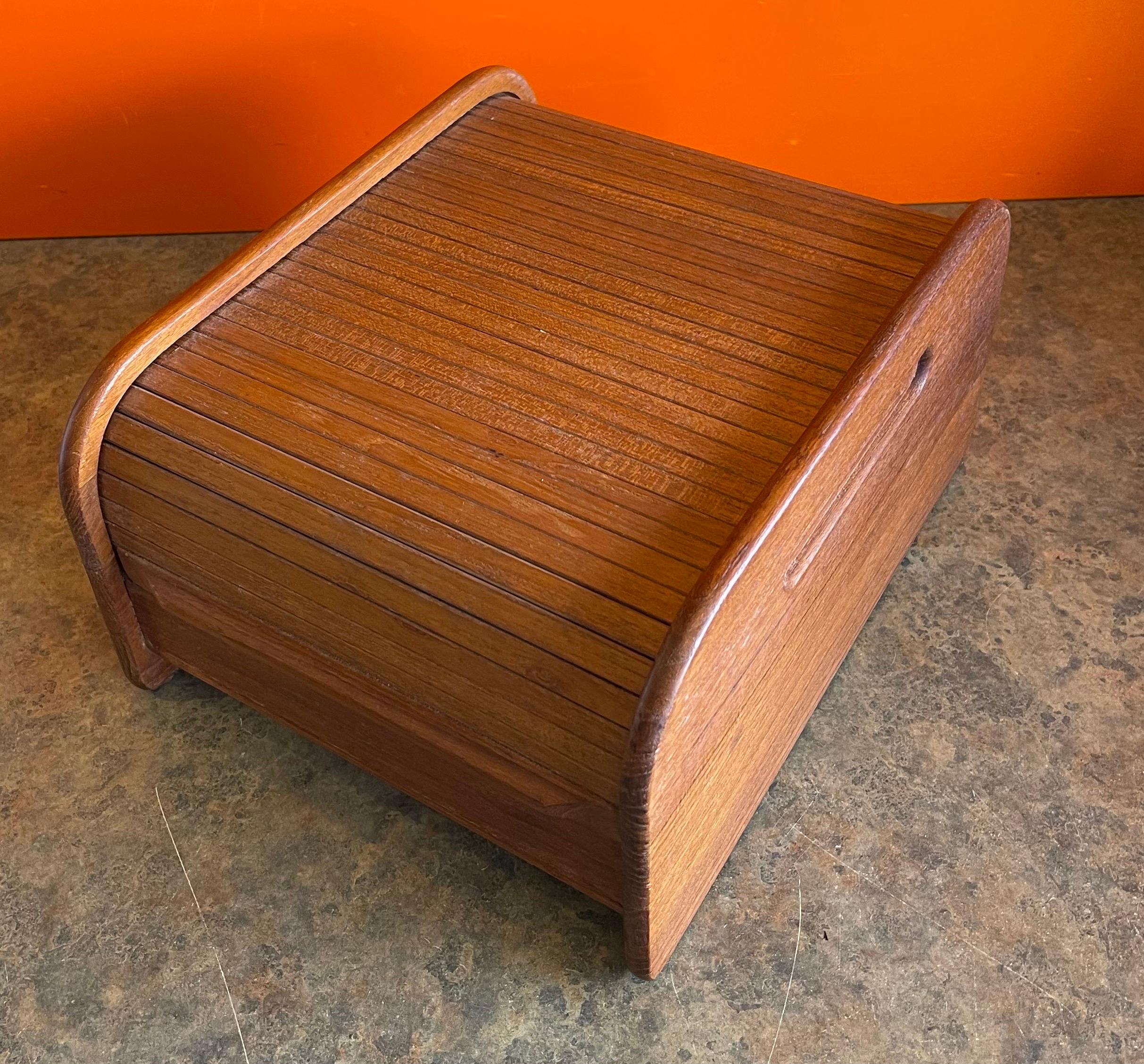 Mid-Century Modern MCM Solid Teak Tambour Door Trinket Desk Top Box