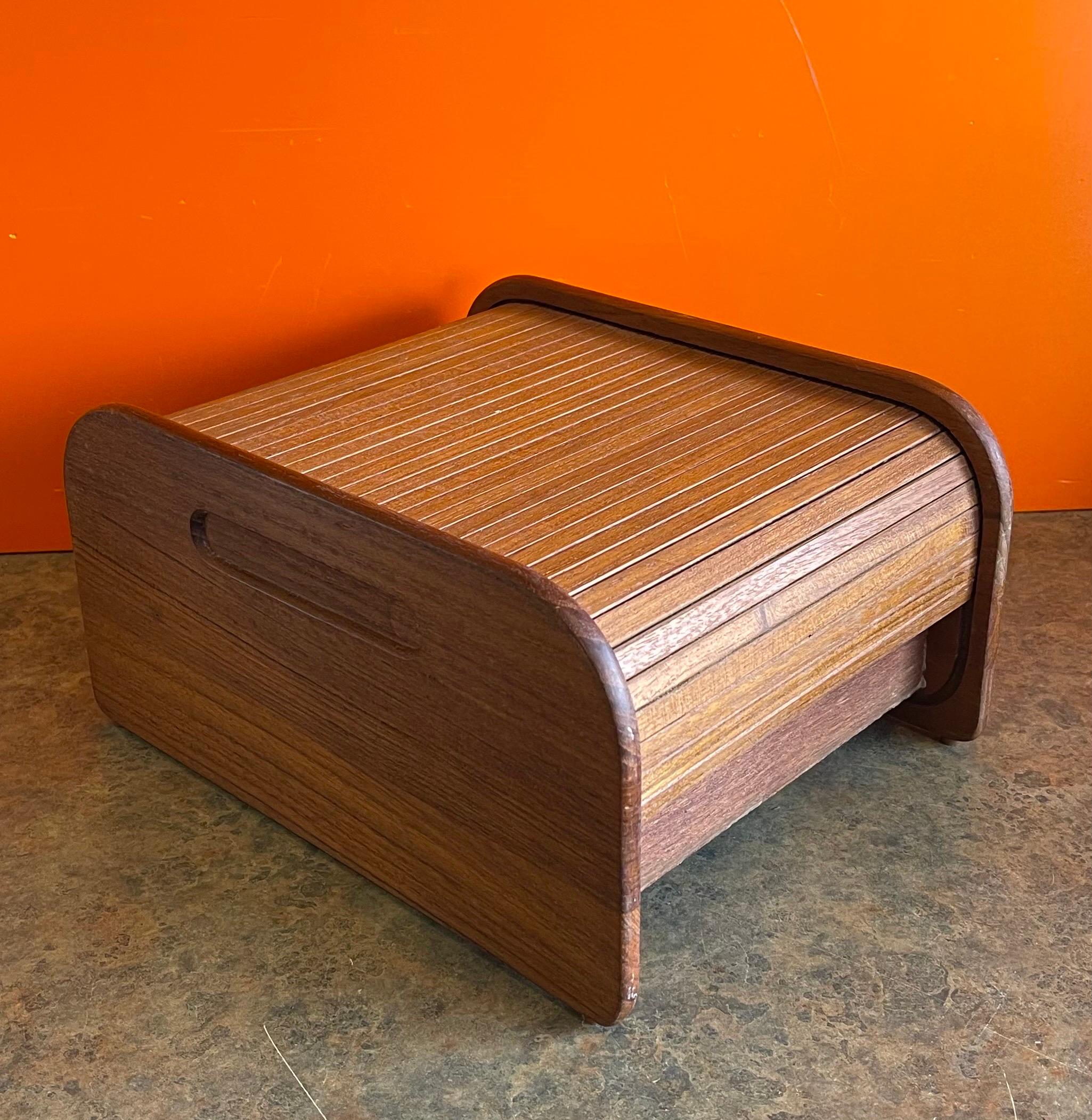 MCM Solid Teak Tambour Door Trinket Desk Top Box In Good Condition In San Diego, CA