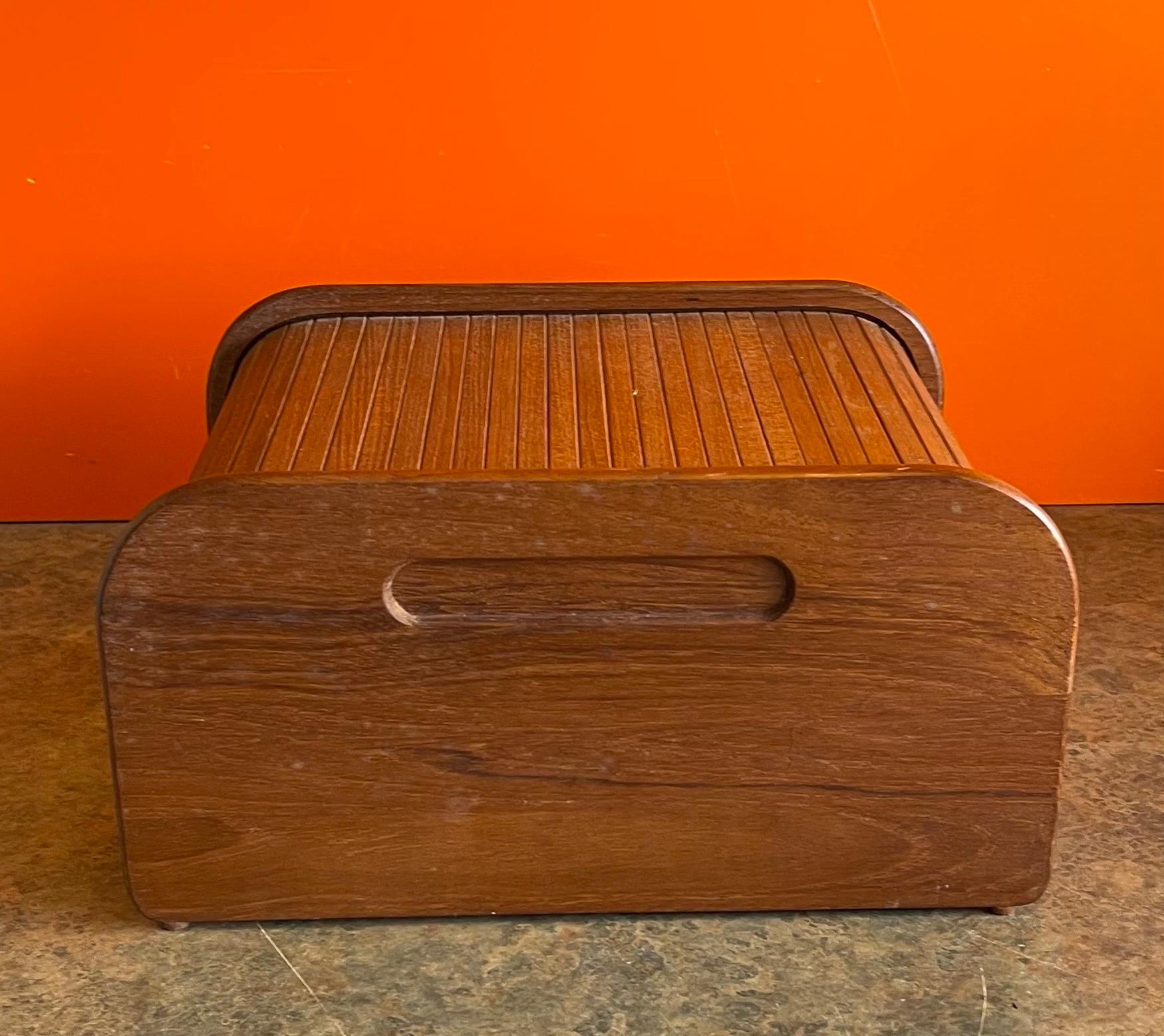 20th Century MCM Solid Teak Tambour Door Trinket Desk Top Box
