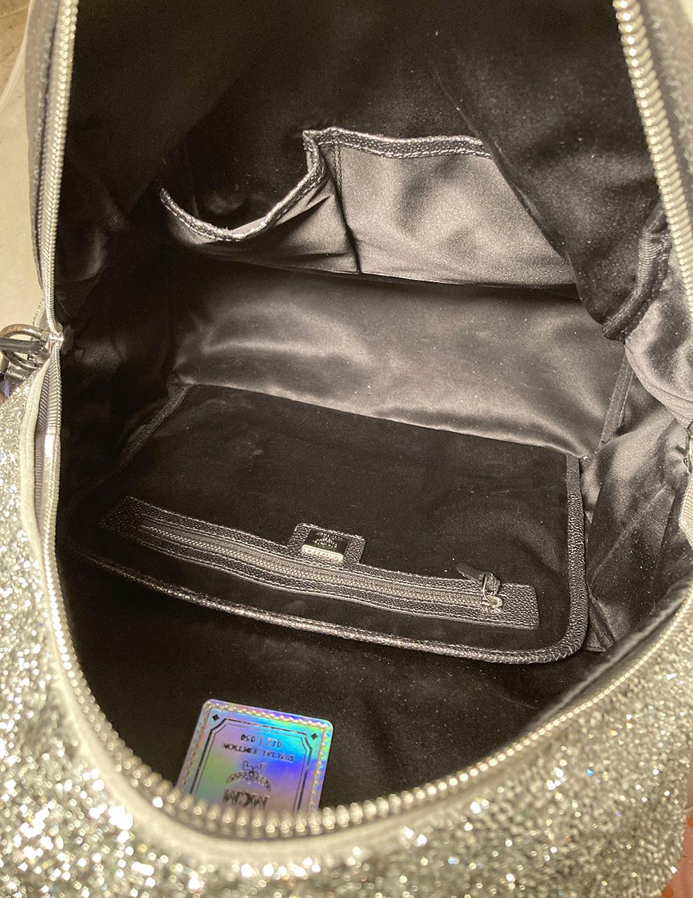 MCM Special Edition Silver Leather Swarovski Crystal Backpack with Rabbit Charm For Sale 5