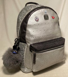 MCM Special Edition Silver Leather Swarovski Crystal Backpack with Rabbit Charm