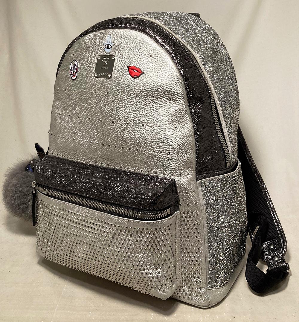 MCM Special Edition Silver Leather Swarovski Crystal Backpack with Rabbit Charm In Excellent Condition For Sale In Philadelphia, PA