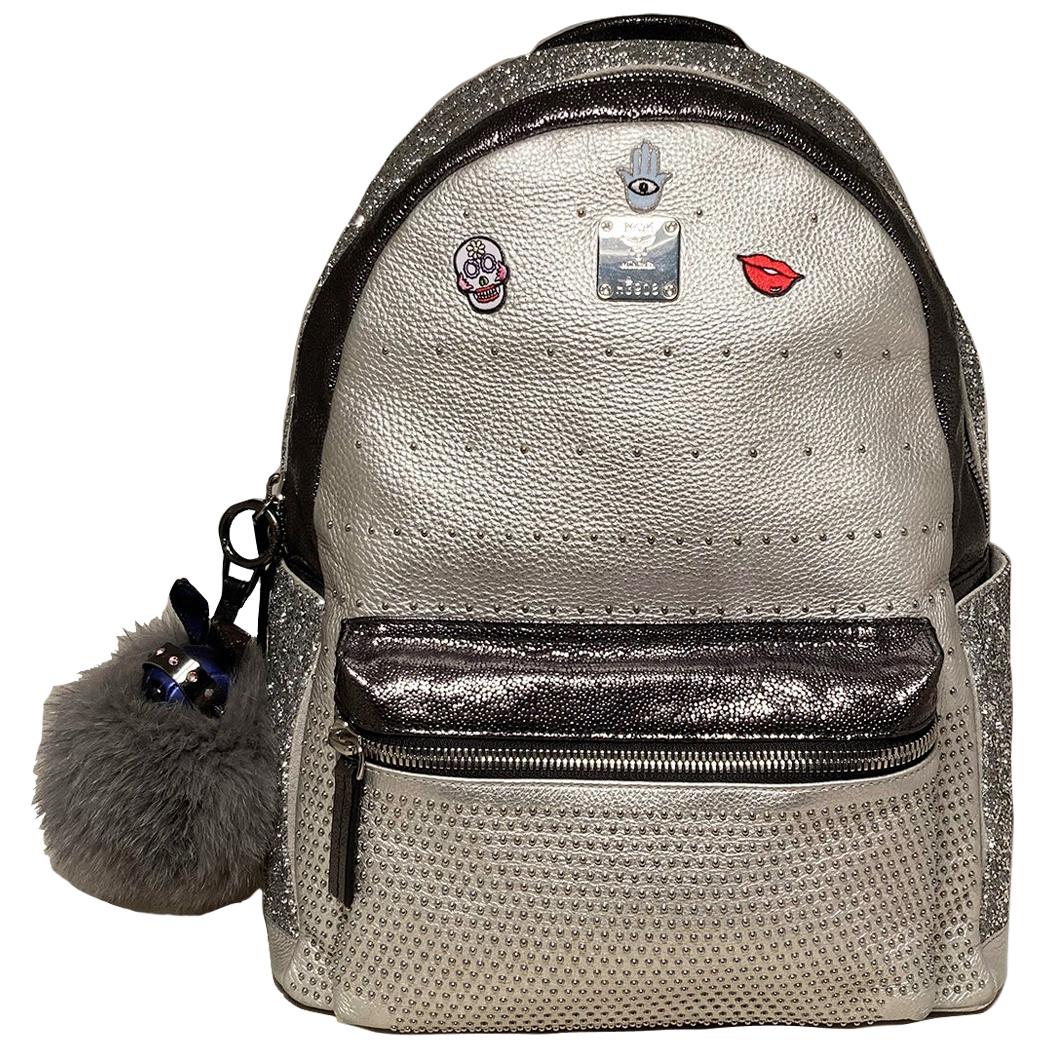 MCM Special Edition Silver Leather Swarovski Crystal Backpack with Rabbit Charm For Sale