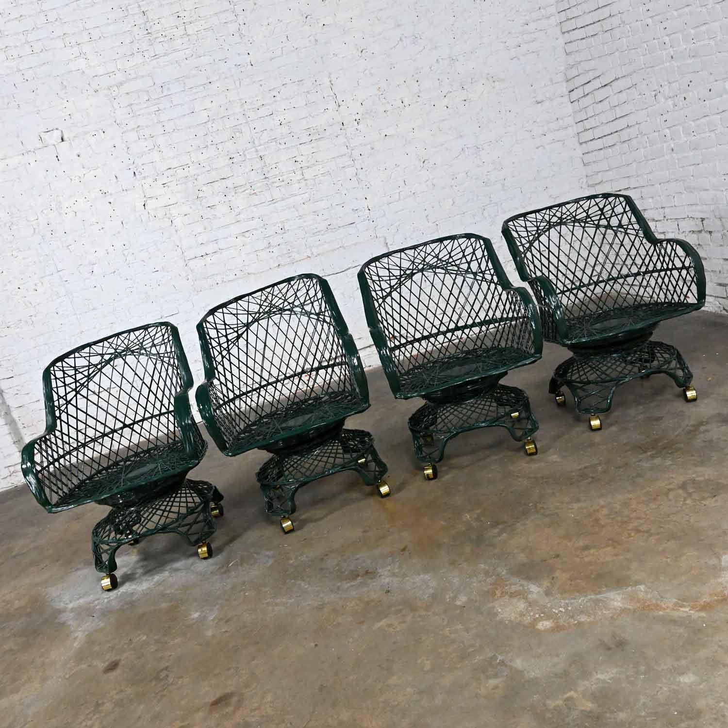 20th Century MCM Spun Fiberglass Forest Green Outdoor Dining Table & 4 Armchairs on Casters For Sale
