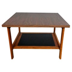 Vintage MCM Square Walnut End Table Lower Shelf Black Faux Leather Insert Laminate Top