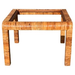 MCM Square Waterfall Edge Rattan Wrapped Side Tables with Glass Tops - A Pair