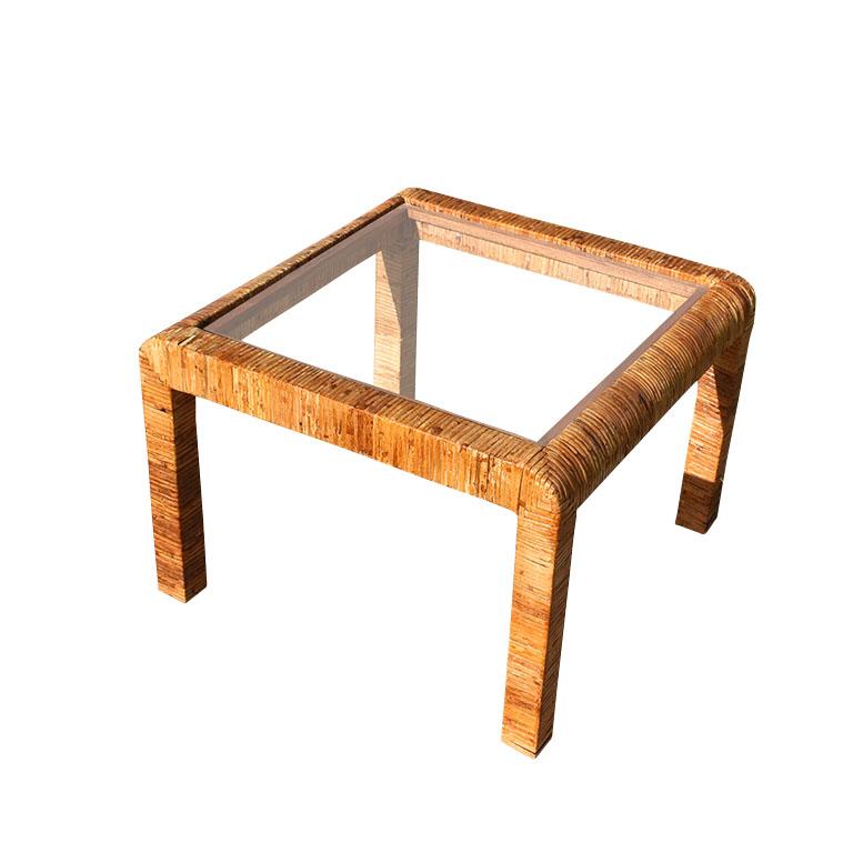 MCM Square Waterfall Edge Rattan Wrapped Side Tables with Glass Tops
