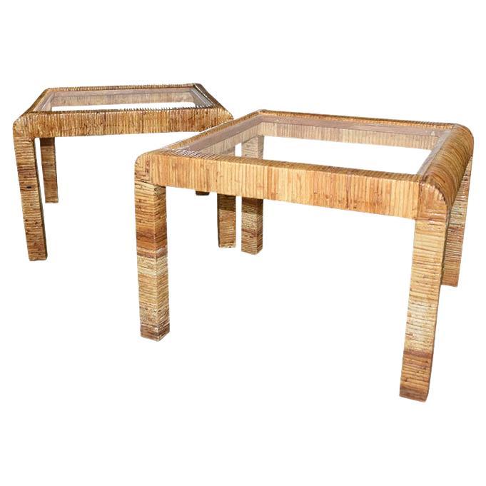 MCM Square Waterfall Edge Rattan Wrapped Side Tables with Glass Tops - A Pair For Sale