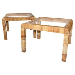 MCM Square Waterfall Edge Rattan Wrapped Side Tables with Glass Tops - A Pair