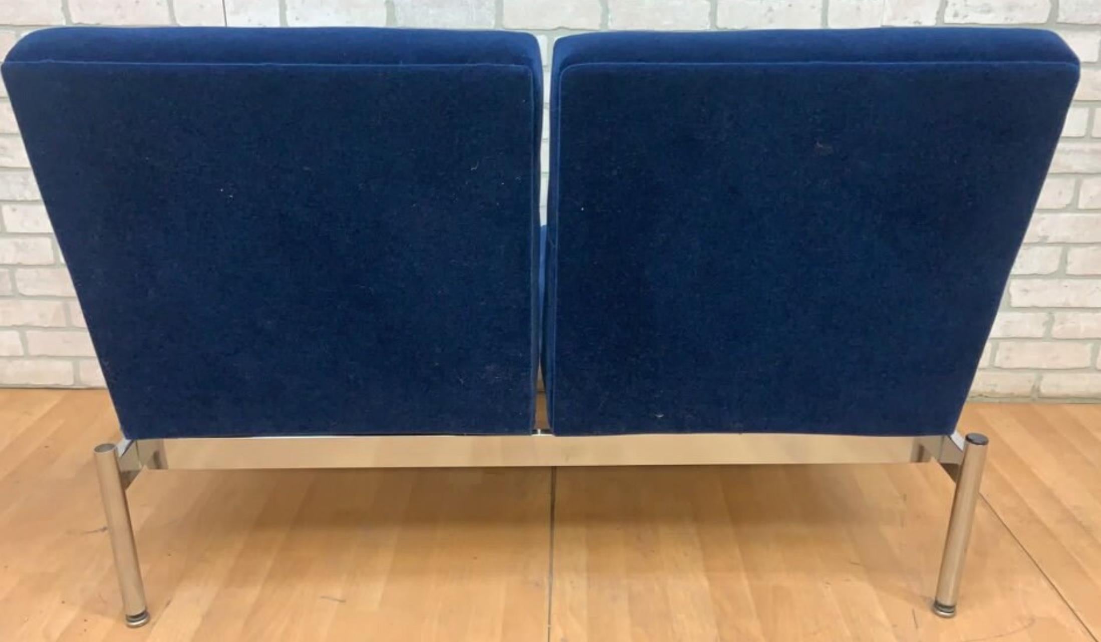 Hand-Crafted MCM Steelcase 3 Seat & 2 Seat Sofa Set Upholstered in “Cobalt Blue” - Set of 2 For Sale