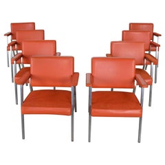 Vintage MCM Steelcase Coral Vinyl Fabric and Brushed Steel Dining Armchairs Set of 8