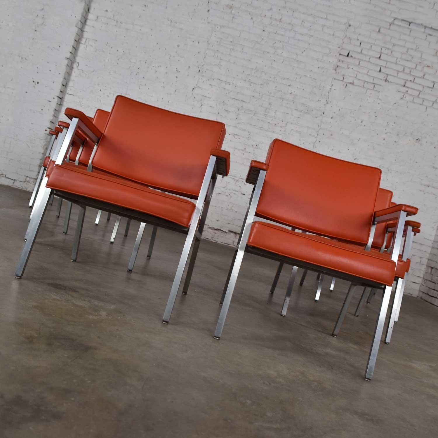 MCM Steelcase Coral Vinyl Fabric and Brushed Steel Dining Armchairs Set of 8 2