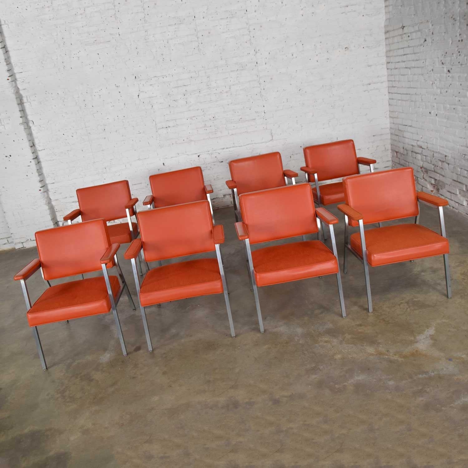 MCM Steelcase Coral Vinyl Fabric and Brushed Steel Dining Armchairs Set of 8 3