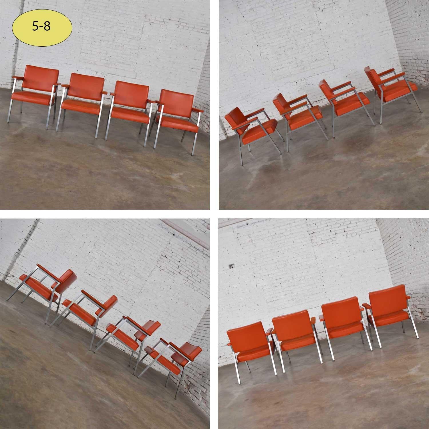 MCM Steelcase Coral Vinyl Fabric and Brushed Steel Dining Armchairs Set of 8 7