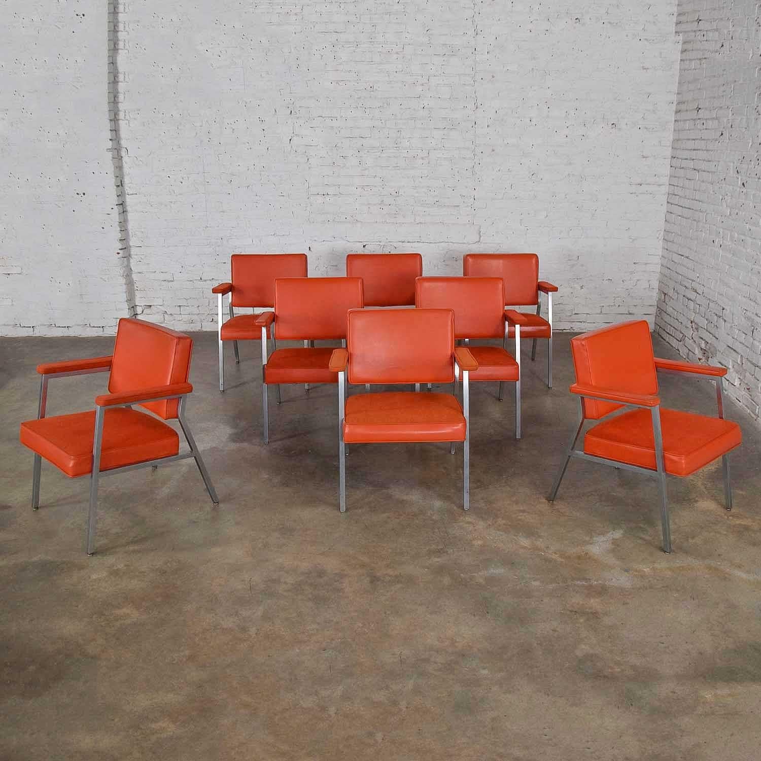 Mid-Century Modern MCM Steelcase Coral Vinyl Fabric and Brushed Steel Dining Armchairs Set of 8