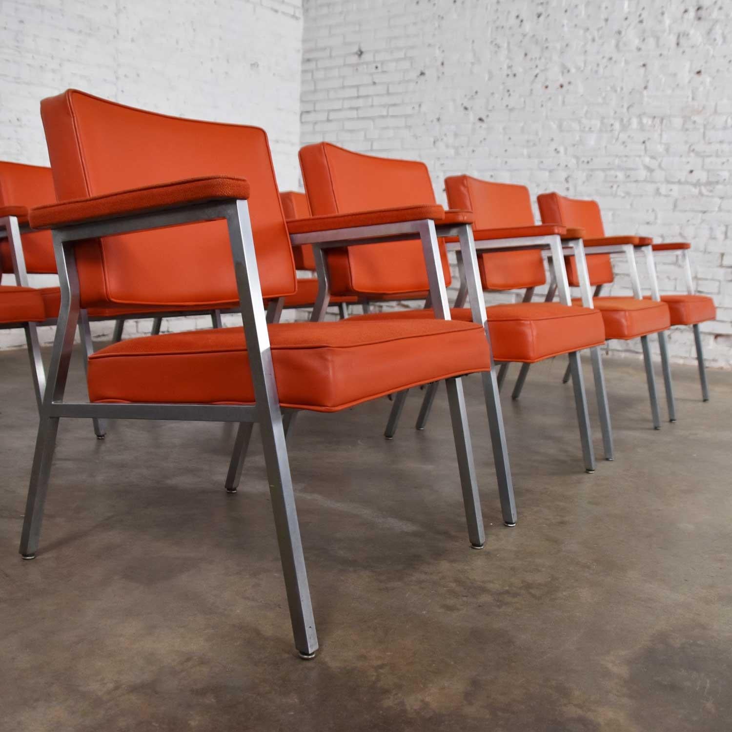American MCM Steelcase Coral Vinyl Fabric and Brushed Steel Dining Armchairs Set of 8