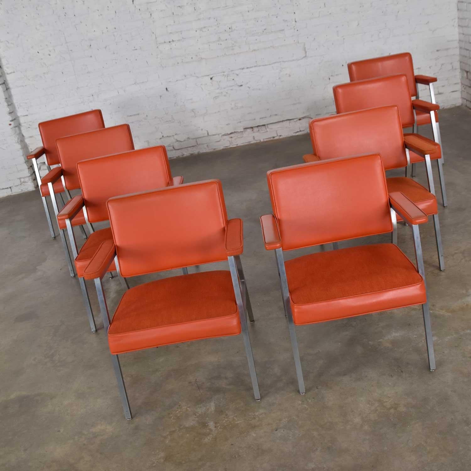MCM Steelcase Coral Vinyl Fabric and Brushed Steel Dining Armchairs Set of 8 1