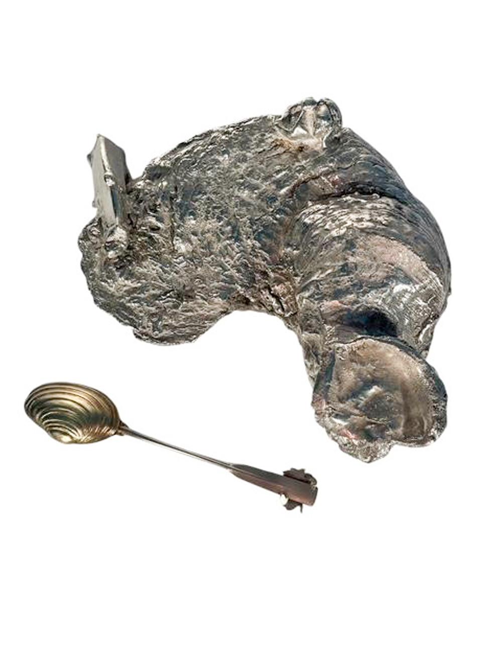 MCM Sterling Silver Encrusted Oyster Shell Condiment Dish and Spoon For Sale 6
