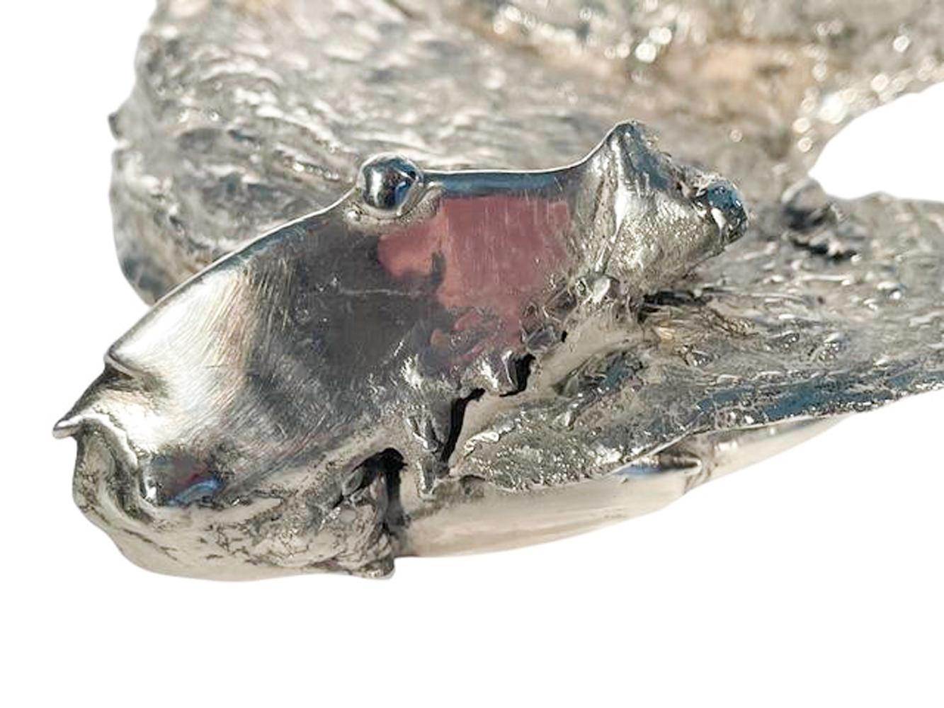 Mid-Century Modern MCM Sterling Silver Encrusted Oyster Shell Condiment Dish and Spoon For Sale