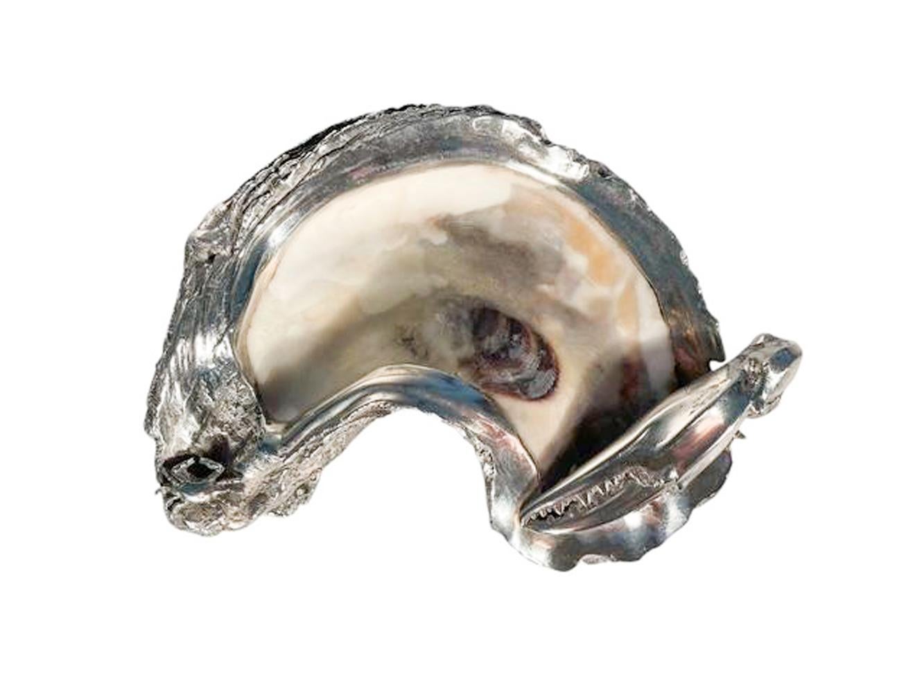 MCM Sterling Silver Encrusted Oyster Shell Condiment Dish and Spoon For Sale 1