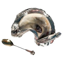 MCM Sterling Silver Encrusted Oyster Shell Condiment Dish and Spoon