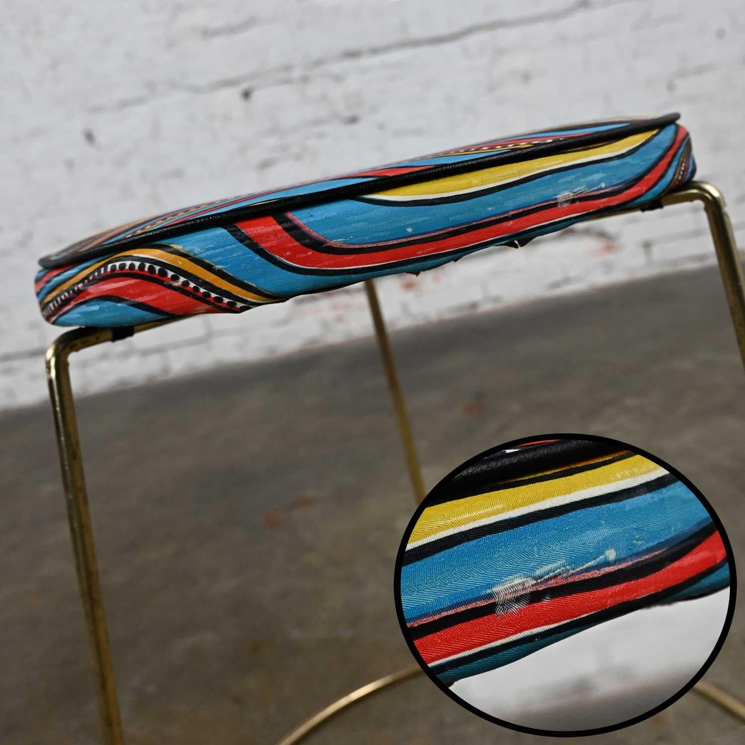 MCM Stool with Round Colorful Vinyl Seat & Brass Plated Steel Asymmetric Base For Sale 2