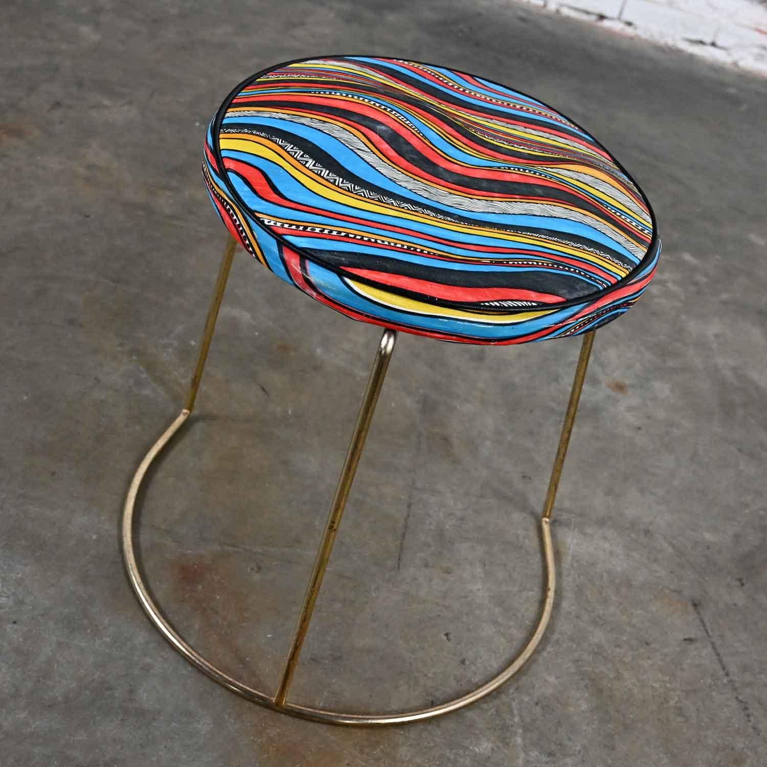 20th Century MCM Stool with Round Colorful Vinyl Seat & Brass Plated Steel Asymmetric Base For Sale