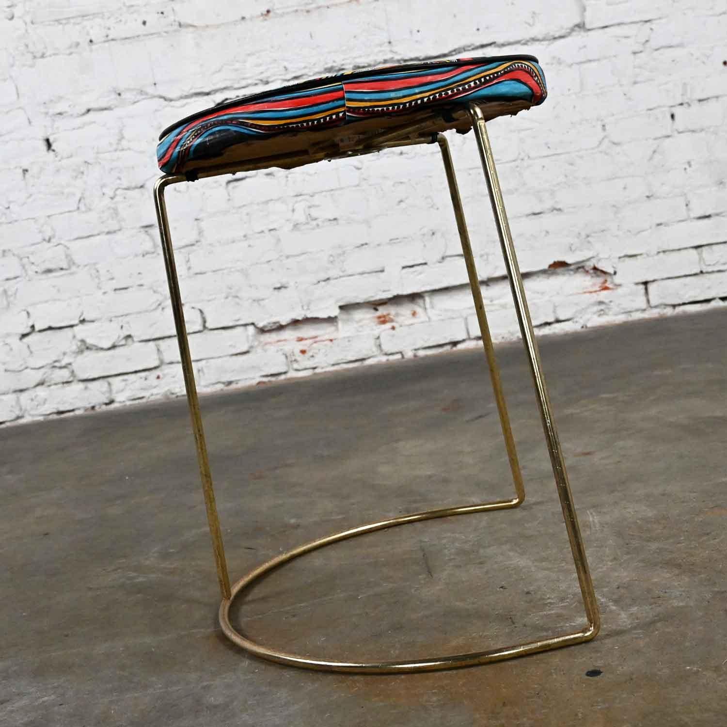 MCM Stool with Round Colorful Vinyl Seat & Brass Plated Steel Asymmetric Base For Sale 1