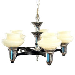 MCM Streamline Moderne Five-Light Chandelier with Opaline Glass Shades