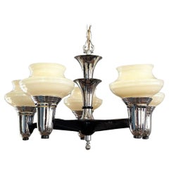 MCM Streamline Moderne Five-Light Chandelier with Opaline Glass Shades