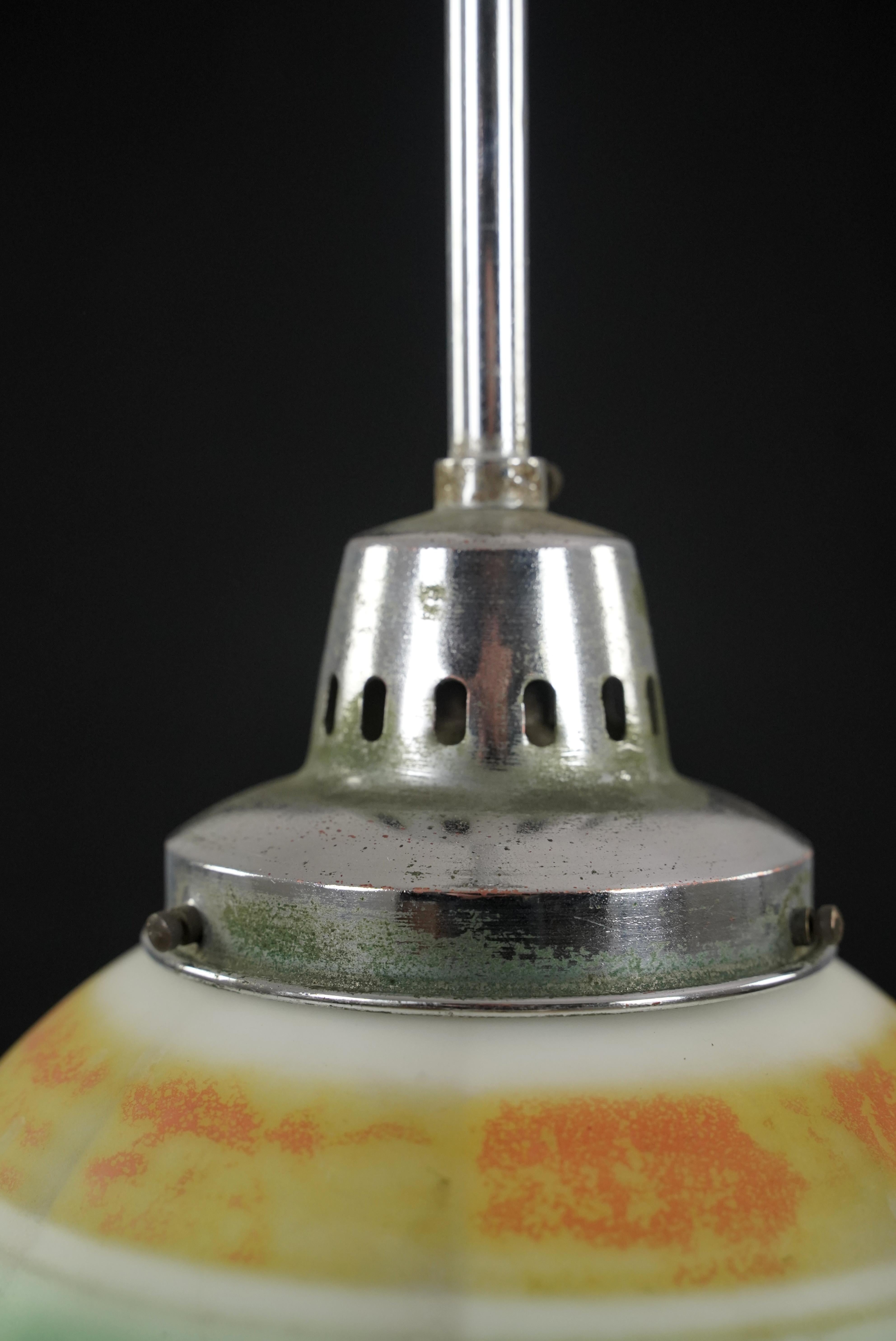 Mid-Century Modern MCM Striped Glass Globe Nickel Steel Pendant Light 27.5 In. Drop For Sale