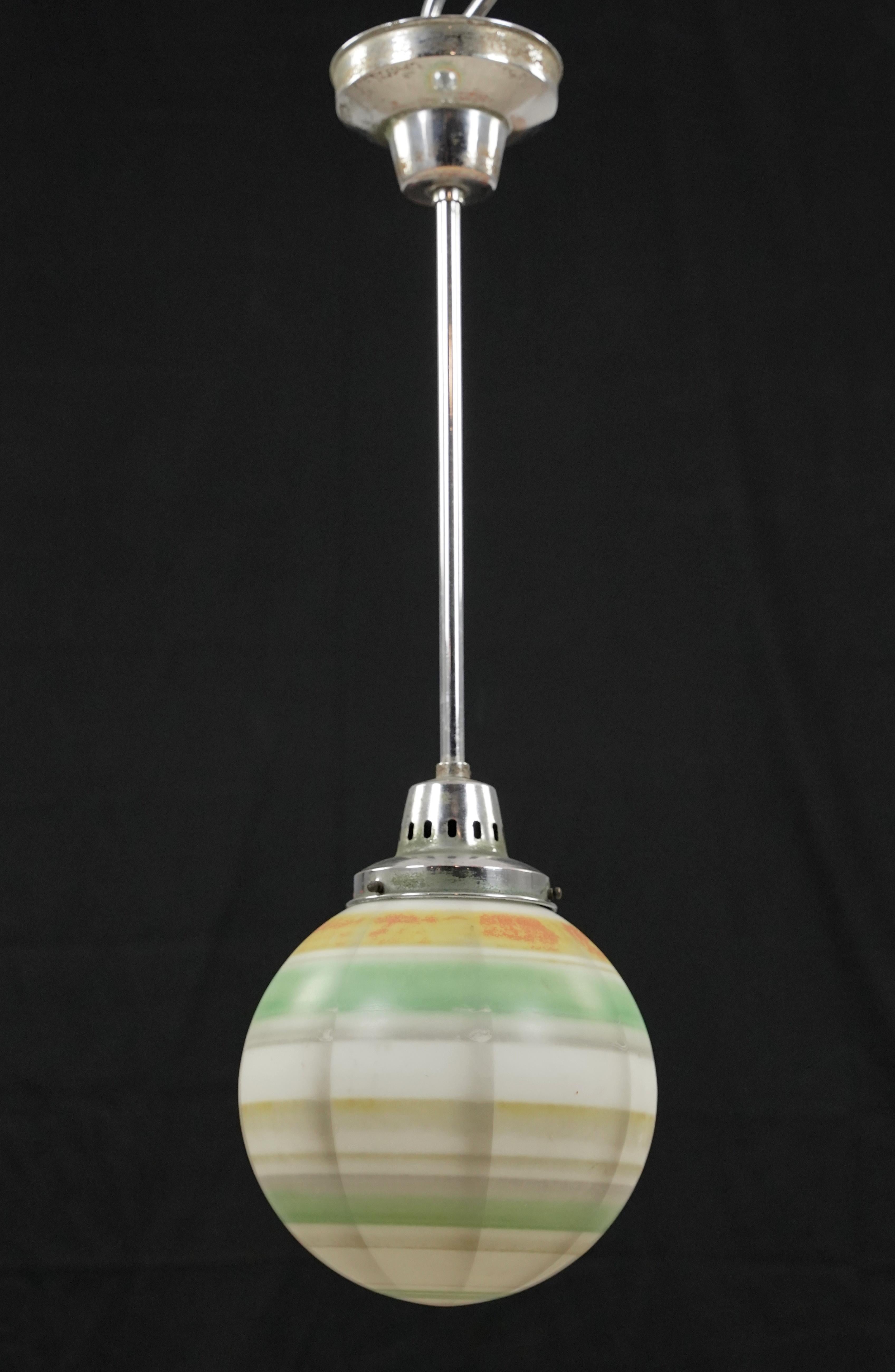 20th Century MCM Striped Glass Globe Nickel Steel Pendant Light 27.5 In. Drop For Sale